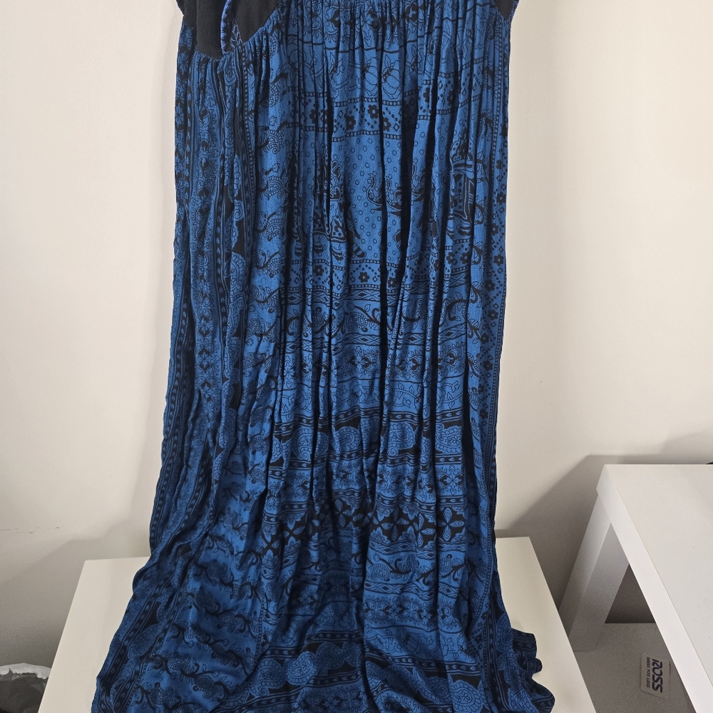 Free People In Search of Paradise A Line Printed Skirt Midi Dress L Blue/Black - Picture 8 of 15